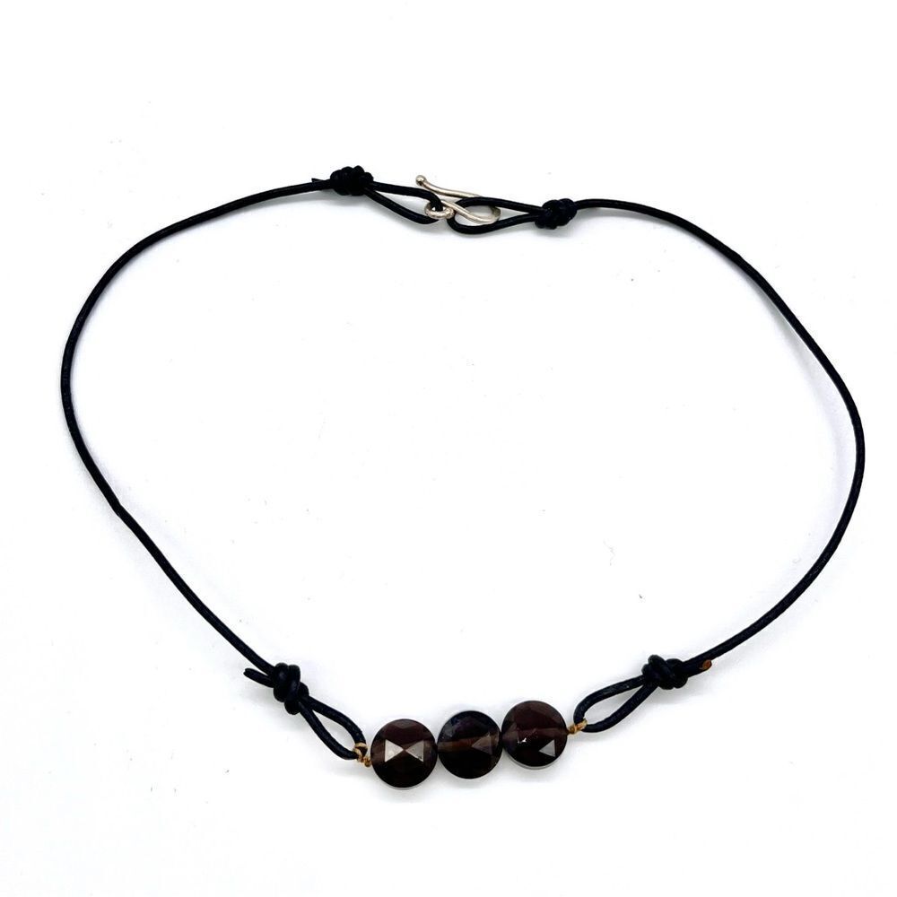 Leather and Onyx Stone with Sterling Silver S Clasp Choker Necklace